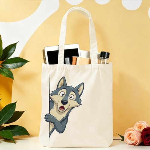 Cartoon Canvas Tote Bag, Gifts for Women Men Birthday Christmas Reusable Tote Shoulder Bag for Grocery Shopping 01 - color: Wolf 468
