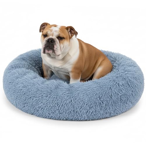 PetAmi Calming Donut Dog Bed, Washable Faux Fur, 30 Inch Medium, Blue | Warm Shaggy Faux Fur and A Deep Nest Help Anxious Pets Curl Up and Sleep Soundly. Perfect for Puppies, Cats, and Rescues. - color: Dusty Blue, size: Medium - 30"