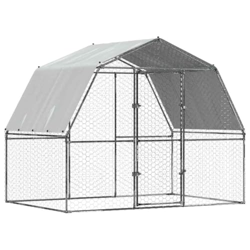 Large Outdoor Chicken Cage, 9.3ft Walk-in Galvanized Steel Poultry Coop with Roof and Lockable Door, Metal Hen House for Backyard Garden, Silver Mesh Pen for Duck and Rabbit - color: Silver