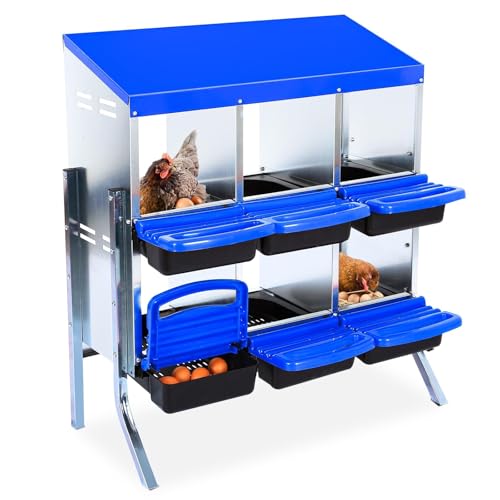 GarveeHome 2-Tier Chicken Nesting Box, 6 Compartment Metal Chicken Laying Boxes with Waterproof Roof ＆ Removable Trays for Hens, Poultry，Easy Egg Collection - color: Blue, size: 32.1"L x 16.9"W x 26.6"H