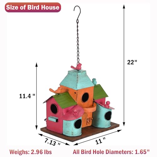 Large Bird Houses for Outside Hanging, Colorful Metal Bird Houses for Outside with 5 Compartments, Easy-Clean Front & Back Doors, Escape Holes & Ventilation, Weatherproof birdhouses for Outdoors - style: Colorful 3