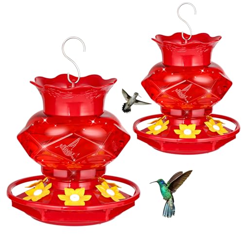 Hummingbird Feeders for Outdoors Hanging Ant and Bee Proof, 18OZ Diamond Humming Bird Feeders for Outside Circular Perch with Leak Proof & 6 Feeding Ports, Gifts for Women, Red 2 Pack Plastic - color: Red-2PC