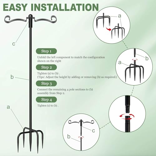 88" Adjustable Double Shepherds Hook for Outdoor, Heavy Duty 3/4" Thick Bird Feeder Pole with 5-Prong Base for Hanging Plant Baskets, Hummingbird Feeder, Solar Lights, Lanterns (1 Pack) - size: 1 Pack