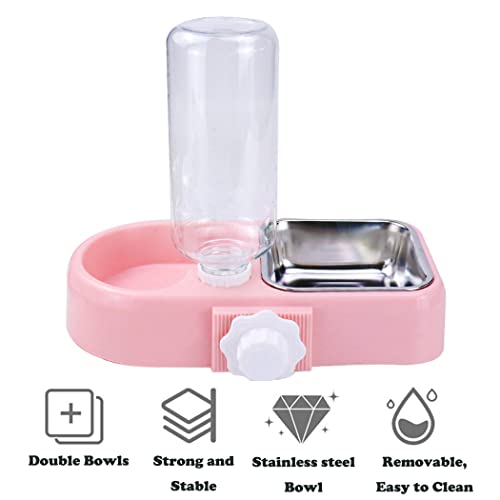 Love Dream Crate Dog Bowl, No Spill Kennel Hanging Pet Food Water Bowl Set | Automatic Water Dispenser and Removable Stainless Steel Bowls Raised Double Bowls for Indoor Cats, Rabbit, Small Medium Dogs - color: Pink