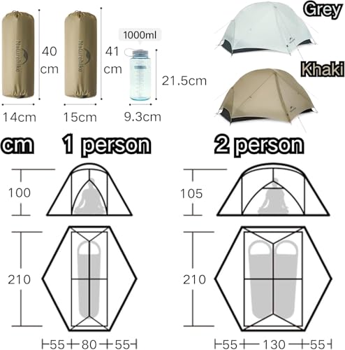 Naturehike Mongar 2 Person UL Camping Tent | PU2000mm+ Waterproof 1-2 Person Backpacking Tent, Ventilation System, Multi-Mode Double-Layer Freestanding for Hiking Travel - color: Grey, size: 2 person