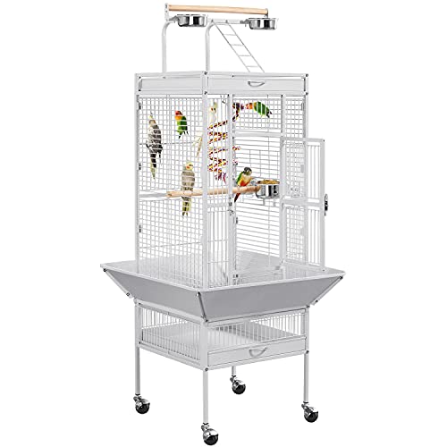 Yaheetech Wrought Iron Bird Cages, Play Top Large Aviary with Stand for Cockatiel Parrot Sun Parakeet Conures Lovebird Budgie Finch African Grey White, 61-inch - color: White