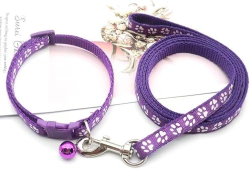 Purple Puppy Collar and Lead Sets, XXS Dog Collar Lead Set Reflective Pawprint Adjustable Kitten Collar with Bell for Tiny Little XXS XS Extra Small Breed Pets Dogs Cats Girls Boys - color: Purple