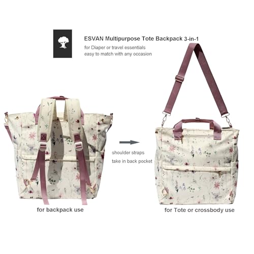 Diaper Tote Bag Totepack Backpack Crossbody Bag 3 in 1 for Women Laptop Backpack Multifunctional with Insulated Pockets - color: Corduroy Purple Flower