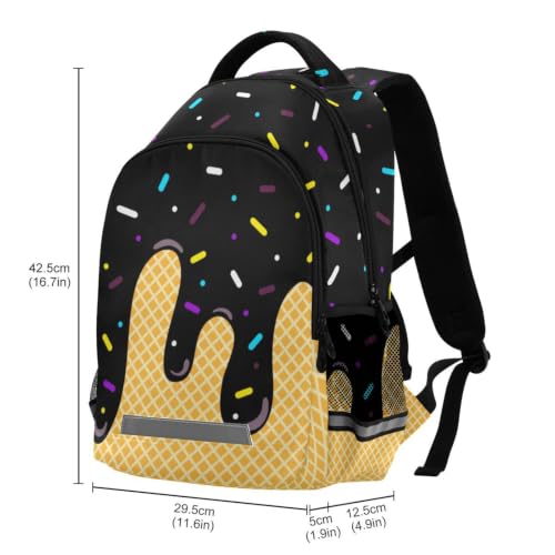 Kids Black Ice Cream Backpack for Boys Girls School Bags | Elementary Middle, Travel Daypack Lightweight Waterproof with Reflective Strip - color: Black Ice Cream