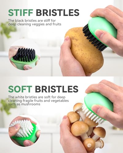 SXhyf Vegetable Brush Scrubber for Food, Black Stiff & White Soft Bristles | Potato Scrubber Brush, Produce Brush for Fruits and Veggies, Vegetable Cleaning Brush for Mushrooms, Carrots, Lemons (Green)