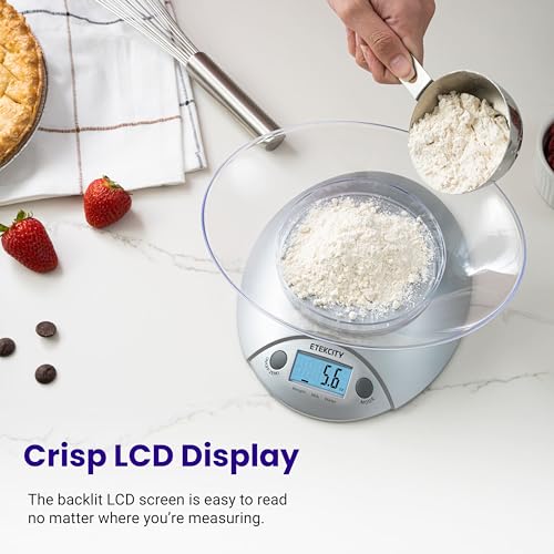 Etekcity Food Kitchen Scale with Bowl, 11lb/5kg, Grams and Ounces | Removable bowl with tare, backlit display, ideal for baking, meal prep, dieting and weight loss - color: Stainless Steel-Gray