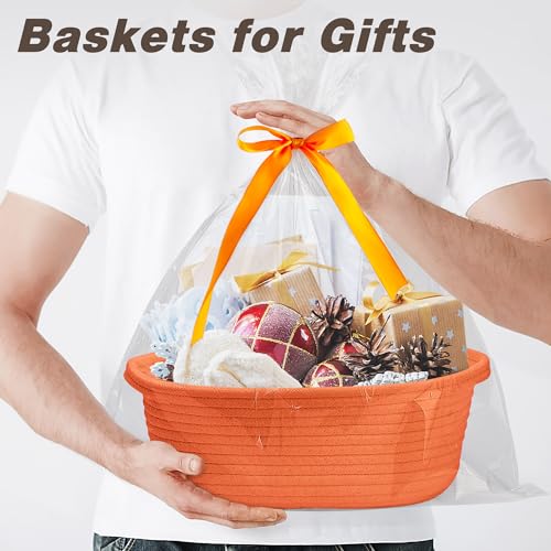 Pro Goleem Small Woven Basket with Gift Bags and Ribbons Durable Baskets for Gifts Empty Small Rope Basket for Storage 12"X 8" X 5" Baby Toy Basket with Handles, Orange - color: Orange
