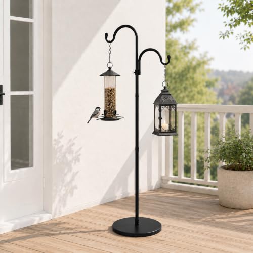 63" Double Shepherds Hooks for Outdoor, Freestanding Adjustable Shepherds Hook with Base, Metal Bird Feeder Pole for Wind Chimes, Hummingbird Feeders, Lanterns, Hanging Plants, Indoor Outdoor Decor