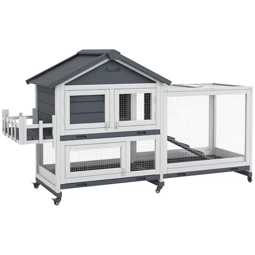 PawHut 65" Wooden Rabbit Hutch Guinea Pig Hutch Openable Roof Wheels Gray | Pet Playpen, Bunny House Enclosure, Storage Box, Slide-out Tray, Ramp, for Rabbits Chickens Ducks