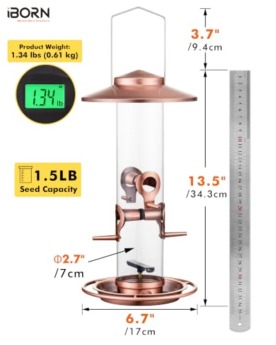 iBorn Bird Feeders for Outdoors, 1.5LB Metal Bird Feeders 17cm Large Roof &Tray, 4 Feeding Ports, Brushed Copper Finishing - color: Brushed Copper, 2LB, 4 Ports