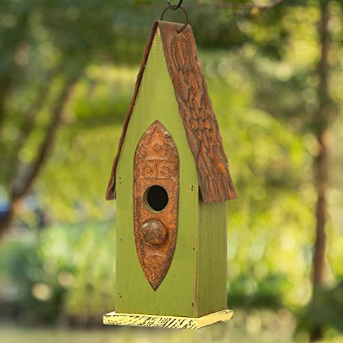 Glitzhome Bird Houses for Outside, 13.25" H Distressed Green Solid Wood Bird House Pet Cottage Hand Painted Hanging Bird House for Outdoors - color: Green