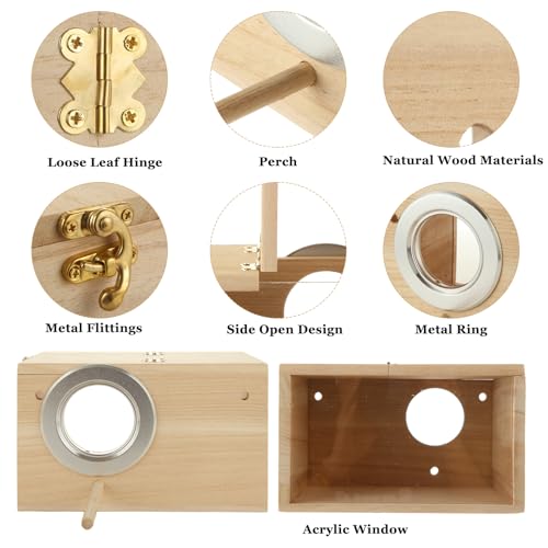 QTLCOHD 2 Pack Parakeet Nesting Box, Natural Wood Breeding Box | with Transparent Acrylic Window, Bird Nesting Box for Parakeets, Lovebird, Cockatiels, Conure
