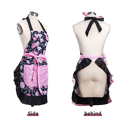 Lovely Flower Pattern Retro Aprons With Large Pockets for Women Girls Cooking Kitchen Bakery Mother's Gift - color: Pink Bloom