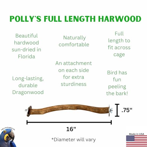 Polly's Full Length Hardwood Cage Perch for Parakeets, Cockatiels, Cockatoos, Macaws, and Other Birds (16") - size: 16"