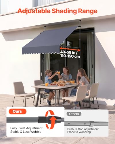 VEVOR Manual Retractable Awning, 59" x 59" Outdoor Patio Awnings Sunshade Shelter with 43"-59" Retractable Side Bar, No Drill Height Adjustable, Crank Handle for Backyard, Balcony, Dark Gray - size: 59x59 in