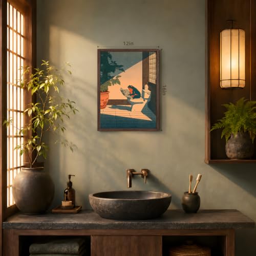 GELDSTEI Wood Framed Funny Frog Reading Vintage Bathroom Wall Art 12x16 in | Vintage Japanese Style Frog Reading On Toilet Art Print, Playful Farmhouse Wall Decor for Bathroom and Powder Room - color: Frog, size: 16"L x 12"W