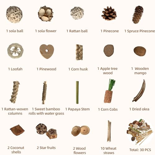 30PCS Natural Foraging & Chew Parrot Toys with Wooden Foraging Box | Natural Bird Toy Set for Parakeets, Cockatiels, Conures & Lovebirds, Encourages Chewing, Shredding & Foraging - size: X Large