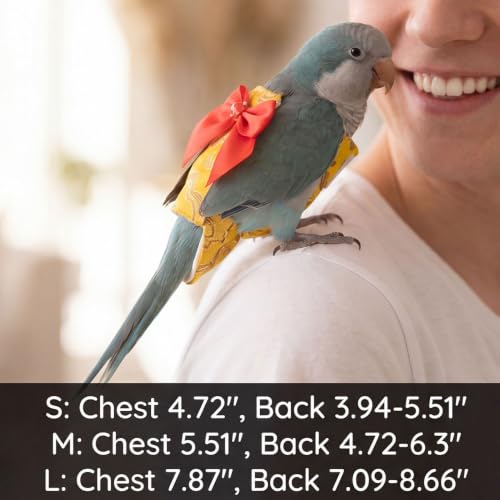 Escape-Proof Adjustable Parrot Flight Suit with Chinese Brocade Bow, Reusable Washable Bird Diaper Clothing for Cockatiels, Parakeets, Monk Parrots, Sun Conures & Mini Macaws (Yellow Nylon-M) - size: Yellow nylon-M