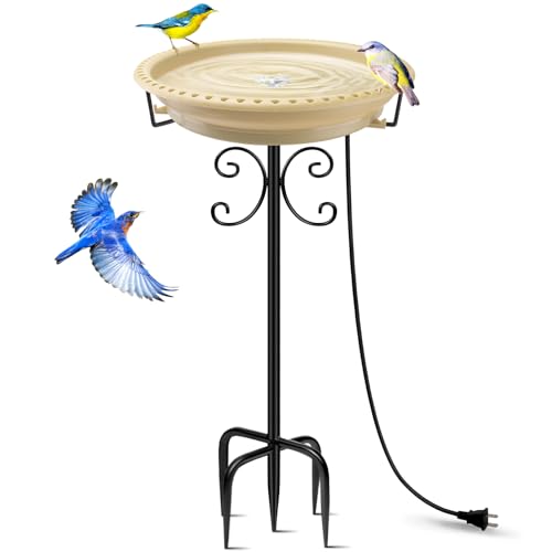 Daoeny Heated Bird Bath for Winter, Upgraded 100W Heated Bird Baths for Outdoors Thermostat Control with 5-Prong Metal Base, Heated Bird Bath for Outside Winter Garden Patio Yard Lawn (Khaki) - color: Khaki