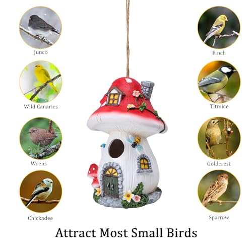 Yinns Bird House for Outside, Decorative Resin Bird Houses for Garden Decor | Birdhouses, Decorative Mushroom Bird Houses for Outdoor Hummingbird, Bluebird, Cardinal Garden Yard Decor - color: Red Mushroom Resin