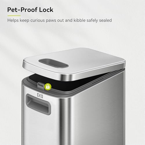 EKO 45 lb Airtight Dog Food Storage Container, Stainless Steel Pet Food Container for Kibble, Cat Food & Bird Seed, Lockable Lid, Magnetic Scoop, BPA-Free Inner Bucket, Wheels