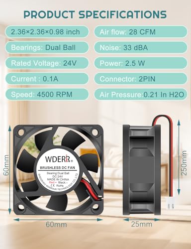 DC 60mm x 25mm Brushless Cooling Fan 24V Dual Ball Bearing 2Pin for DIY Exhaust Project Freezer Replacement - size: 6025