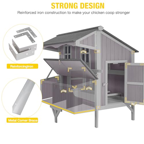 Large Chicken Coop with Wheels, Weatherproof Chicken Tractor with Asphalt Roof, Wooden Poultry Cage with Nesting Box & Removable Tray, Outdoor Hen House for 3-5 Chickens Backyard Farm - color: Grey, size: 48.6"L x 41.0"W x 51.2"H