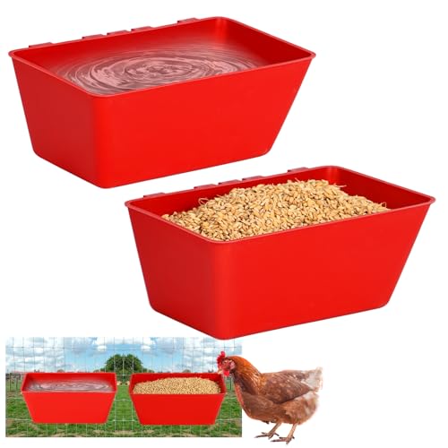2 Pack Chicken Feeder Waterer 2.5 Quart Hanging Poultry Feeders Trough | Versatile Chicken Feeding Container with Hooks for Duck Goose Rabbit Duck Feeder Poultry and Livestock Water Trough（Red） - color: Red