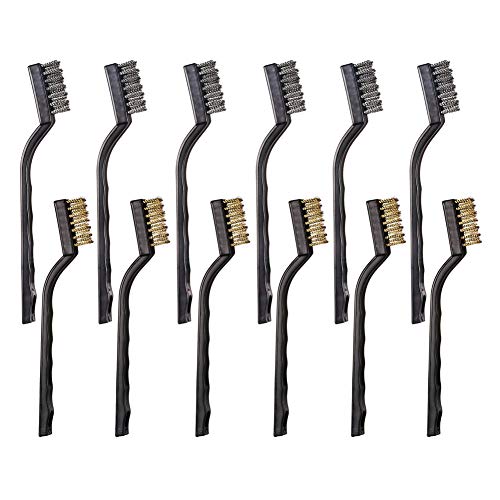 YiwerDer 12PCS Mini Wire Brushes, Stainless Steel & Brass Brush Set, Curved Handle Scratch Brush for Automotive, Cleaning Welding Slag and Rust - style: 12Pcs Wire Brushes Set