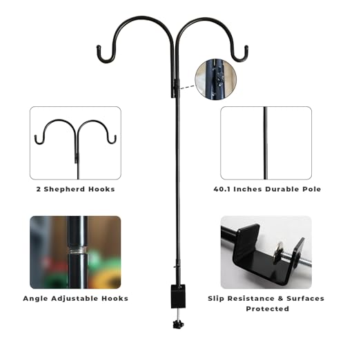 Double Shepherds Hooks for Outdoor, Deck Bird Feeder Hanger for Railing, Over The Table Rod Stand with Clamps, Shepherds Hook with Clamp for Lanterns, Wind Chimes, Flower, Plant Baskets