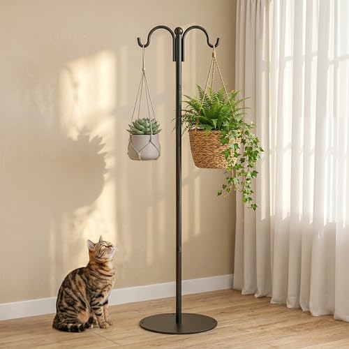74 Inch Double Shepherd Hooks Stand with Base for Outdoor Bird Feeder Pole | Heavy Duty Double Hook Pole Includes 4 Ground Stakes & Water Bag, Ideal for Hanging Baskets, Wind Chimes, Bird Feeders