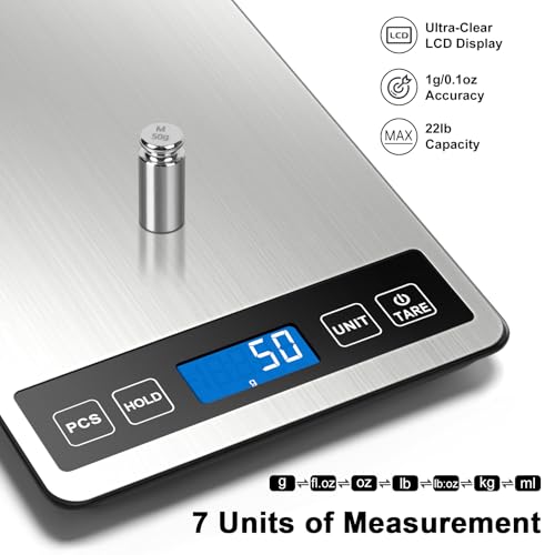 Fuzion Food Scale, 22lb/0.1oz Digital Kitchen Scale - 7 Units, Tare & PCS | Rechargeable Power, Tempered Glass & Stainless Steel - Digital Food Scale Grams and Ounces for Baking, Cooking, Weight Loss - color: Silver Blue