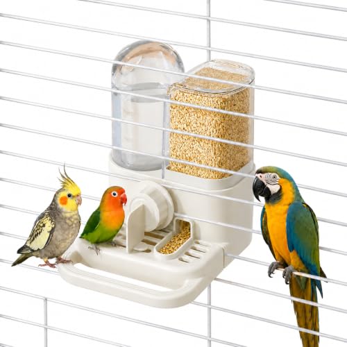 2-in-1 Automatic Bird Feeder and Water Dispenser, 250ml Gravity Water Station & 300g Seed Feeder for Cage Birds, No-Spill Feeding System for Budgies, Parakeets, Finches and Small Birds