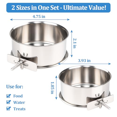 2 Pack Stainless Steel Bird Food Bowl Small Bird Feeding Dish Cups for Cage Parrot Food Bowl Cage with Clamp Holder for Parrots, Cockatiels, Small Animals (S+M) - size: S+M