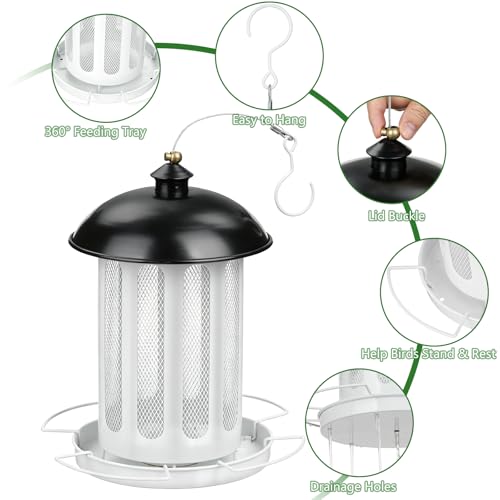 Bird Feeder, 4LB Large Capacity Bird Feeders for Outdoor Hanging | Heavy Duty Metal, 4 Perches, With Drain Holes, Wild Birdfeeder, For Outside Garden Yard Decor, Retro Lantern Shape - color: Black & White