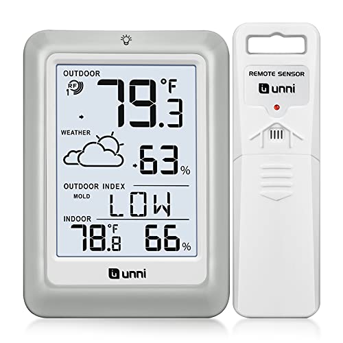 Indoor Outdoor Thermometer Hygrometer Wireless Weather Station, Temperature Humidity Monitor Battery Powered Inside Outside Thermometers with 330ft Range Remote Sensor and Backlight Display - color: White+Grey
