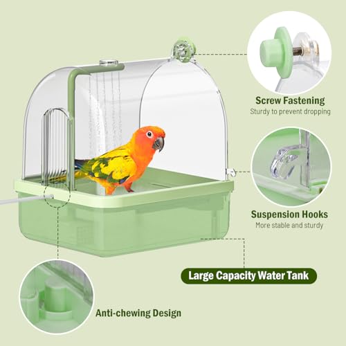 Automatic Bird Bath for Cage, Parakeet Bath with Pump | Indoor Bird Shower with Running Water, Filter, Bird Cage Accessory for Pet Birds Conure Budgies Cockatiels Lovebird - color: Green