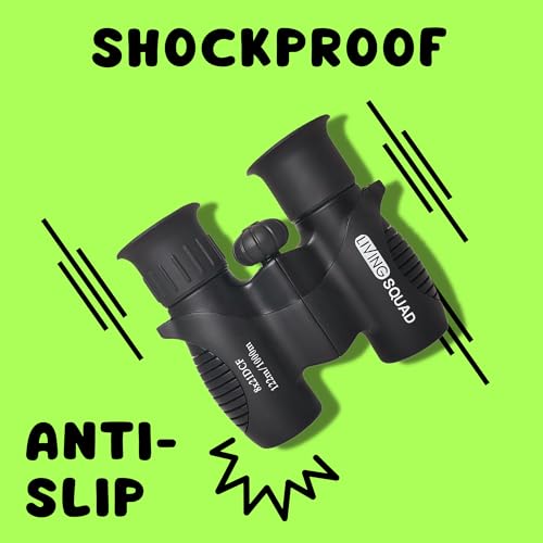 Kids Binoculars Ages 3-12, 8x21 Compact Shockproof Black | bird watching, camping, hiking, for boys, includes carry case, neck strap, compass, carabiner, high resolution optics - color: Black/Black