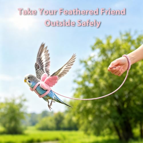 Pet Parrot Bird Harness and Leash, 2m Adjustable Polyester Rope with Cute Wing, Bird Flying Harness for Parrots, Pigeons, Budgerigars, Lovebirds, Cockatiels Outdoor Use - color: Pink, size: L