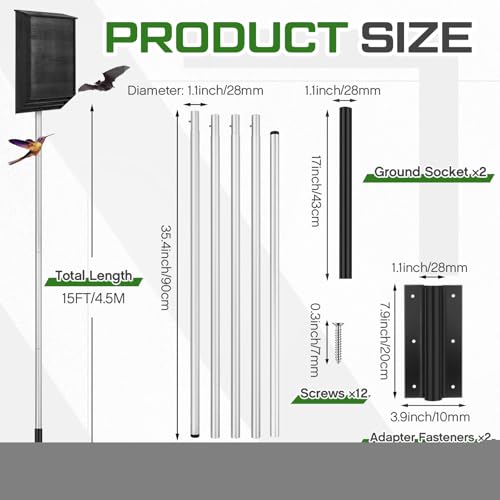 Yaocom 2 Pack 15 ft Telescoping Purple Martin Bird House Bat House Pole with Ground Socket for Outdoor