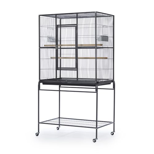 Prevue Pet Products Flight Cage with Stand - Large Metal Bird Cage with Removable Tray, Wood Perches, Double Feeders & Storage Shelf on Rolling Casters, Ideal for Small to Medium Birds - Black - color: Black