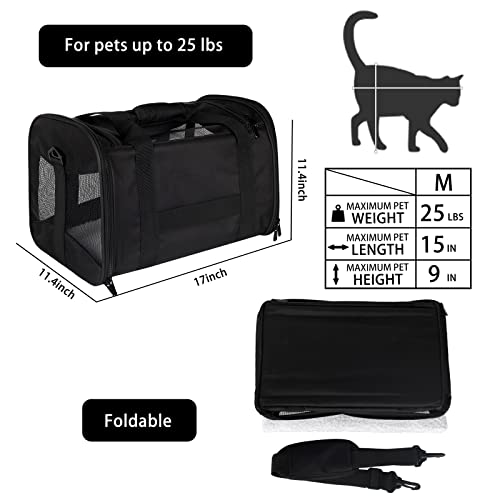 Cat Carrying Case - Pet Carrier Airline Approved, Protable and Breathable Pet Travel Carrier Removable Fleece Pad, Collapsible Cat Carrier Dog Carrier for Medium Cats Small Cats Dogs(Medium, Black) - color: black, size: 17.0"L x 11.0"W x 11.0"H