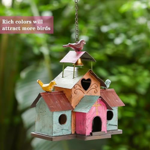 Large Bird Houses for Outside Hanging, 4 Hole Outdoor Bird House with Bell, Easy Clear, Colorful Metal Bird Houses for Outside. - style: Colorful 1