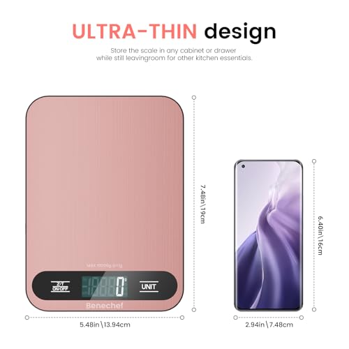 Premium Digital Kitchen Scale, Precision Accurate to 1g, Stainless Steel with LCD Display, 6 Units with Tare Function，Pink - Perfect for Baking, Cooking, and Coffee