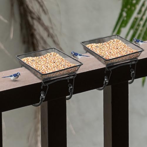 2 Pcs Deck Railing Balcony Bird Feeder Tray with 4 Fixed Elastic Ropes | 7x7x2 Inch, Metal Iron, Rust-resistant, Fits Deck Railing, Balcony, Garden Wall, Backyard, for Wild Birds and Squirrels